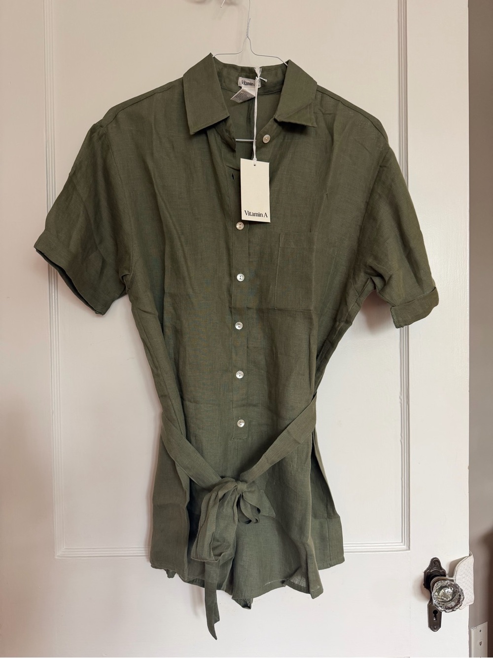 Vitamin A Olive Green Short-Sleeve Linen Jumpsuit Romper